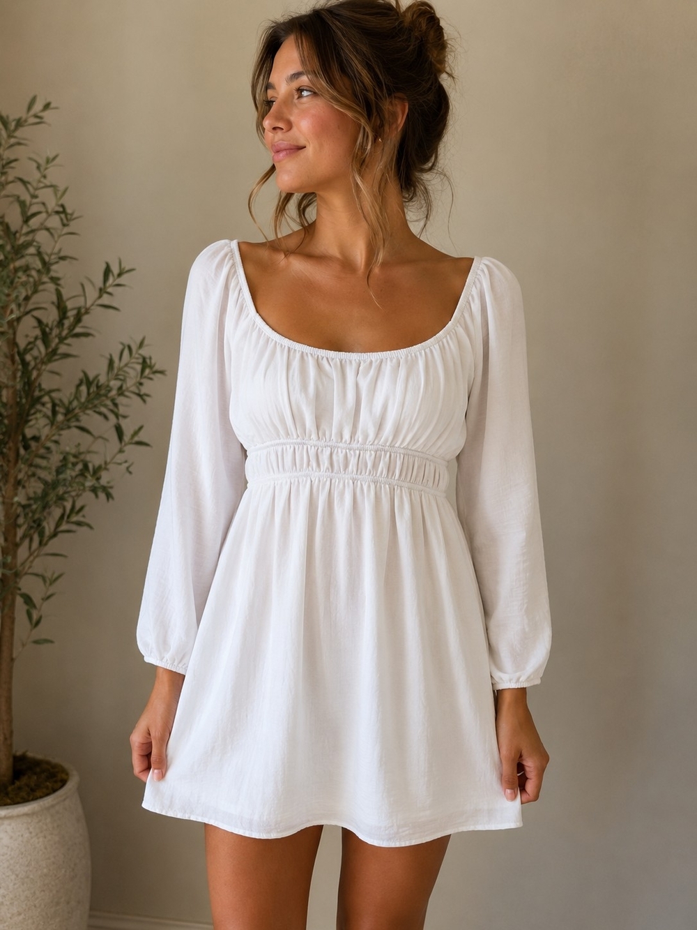 Alterd State Women's White Long Sleeve Empire Waist Mini Dress